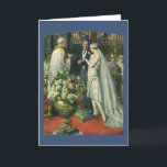 Carte Mariage vintage, Mariée et Salle avec Menorah<br><div class="desc">Illustration vintage image de cérémonie d'amour et de romance mariage montrant un couple se marier dans une belle synagogue avec vitraux,  fleurs et une menorah à sept branches. La mariée porte une longue robe blanche mariage et le marié est beau dans son smoking.</div>