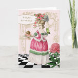 Carte Marie Antoinette<br><div class="desc">18e century fashion plate is created into a colourful fun birthday card. Marie Antoinette holds a birthday cake with beautiful butterfly resting on her pauvre. Une carte parfaite pour une personne spéciale.</div>