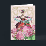 Carte Marie Antoinette Birthday<br><div class="desc">A delightful card featuring Marie Antoinette holding a birthday banner. Beautiful flowers fill the foreground. Taken from à 18e century fashion plate.</div>