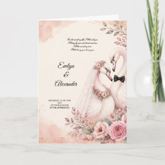 Carte Mariée et marié cygnes romantiques Fleurs roses bl