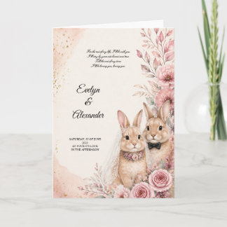Carte Mariée et marié lapin mignon Fleurs roses or maria