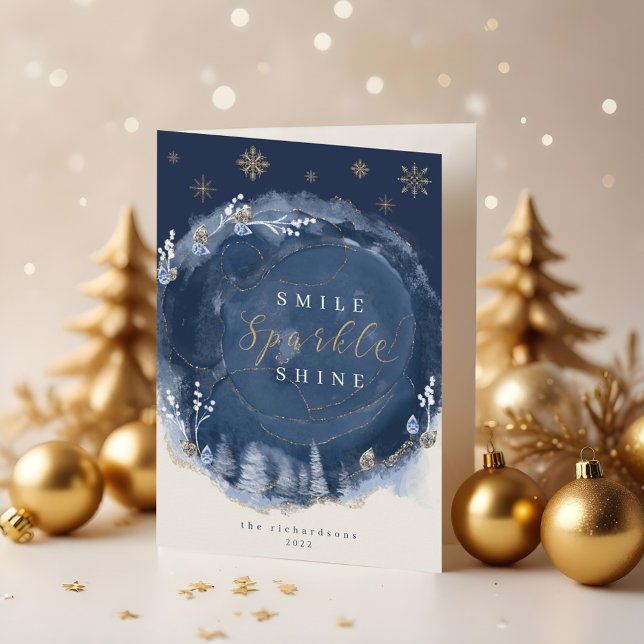 Carte Marine Aquarelle Encre et bijoux Hiver Nuit Vacanc (Navy Watercolor Ink & Jewels Winter Night Holiday Card)