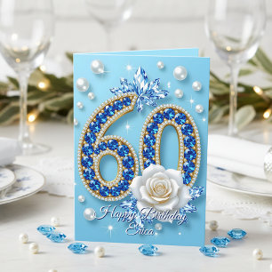 Carte Marine Bleue Gemmes Rose blanche et perles 60e ann