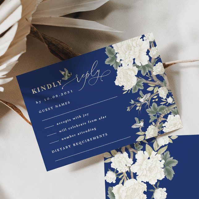 Carte Marine Blue Chinoiserie Bird Peony Wedding RSVP (Créateur téléchargé)