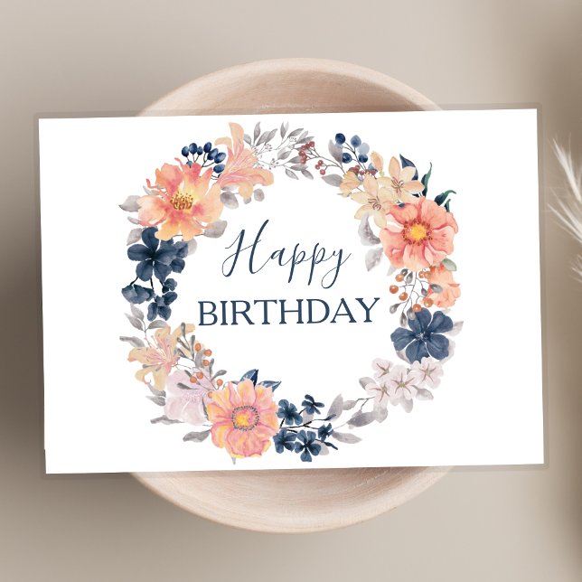 Carte Marine et Blush Floral Wreath Joyeux Script d'anni (Créateur téléchargé)