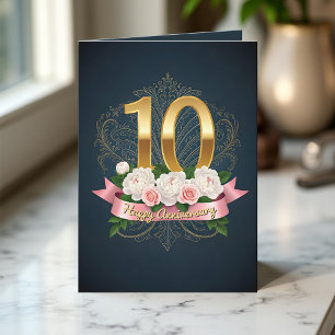Carte Marine Peony Rose Ruban 10e anniversaire de Mariag
