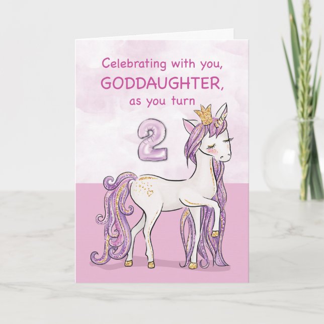 Carte Marraine 2ème anniversaire Cheval Rose Avec Couron (Devant)