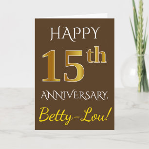 Carte Marron, Faux Or 15e Anniversaire de Mariage + Nom
