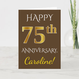 Carte Marron, Faux Or 75e Anniversaire de Mariage + Nom