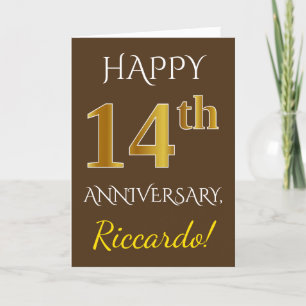 Carte Marron, Or Faux 14e Anniversaire de Mariage + Nom