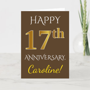Carte Marron, Or Faux 17e Anniversaire de Mariage + Nom