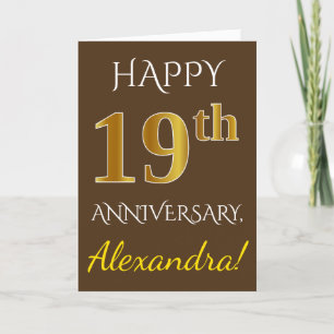 Carte Marron, Or Faux 19e Anniversaire de Mariage + Nom