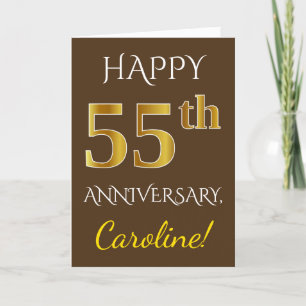 Carte Marron, Or Faux 55e Anniversaire de Mariage + Nom