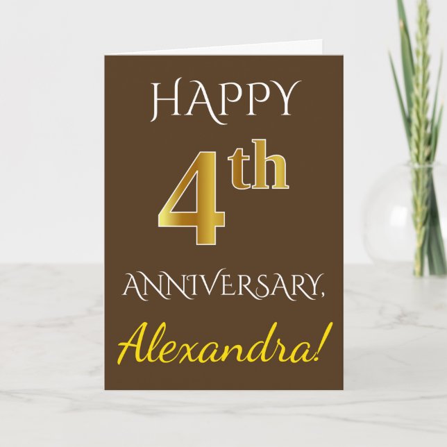 Carte Marron, Or Imitation 4e Anniversaire de Mariage +  (Devant)