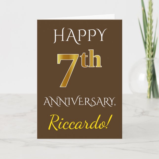 Carte Marron, Or Imitation 7e Anniversaire De Mariage +  (Devant)