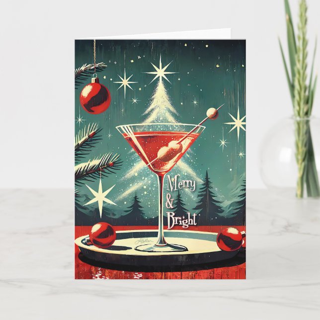 Carte Martini de Noël Flocons de Neige Rétro 50s (Devant)