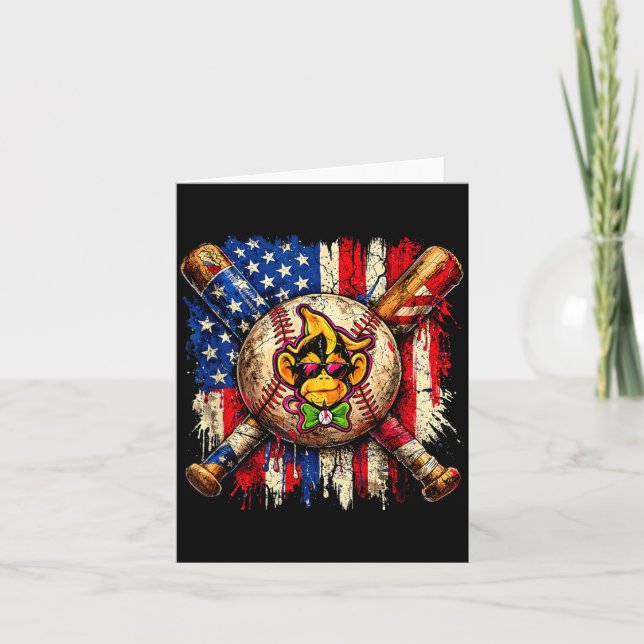 Carte Mascotte de baseball de singe drôle avec drapeau a (Devant)