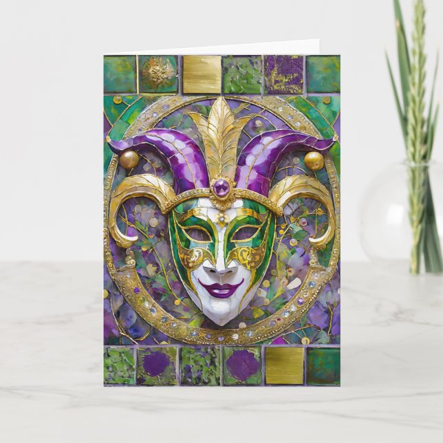 Carte Masque de Jester Mardi Gras Vert Pourpre Doré (Devant)