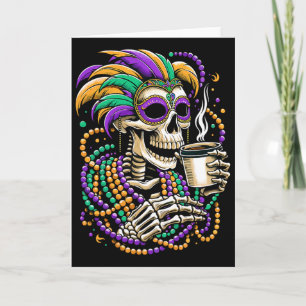 Carte Masque de perles de squelette buvant du café Mardi