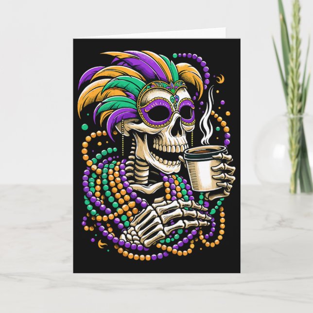 Carte Masque de perles de squelette buvant du café Mardi (Devant)
