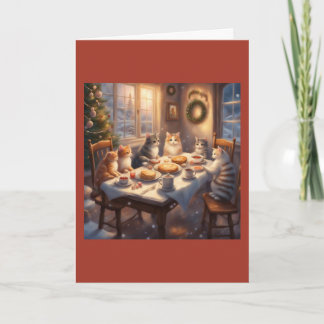 Carte Matin de Noël avec la famille de chats saluant