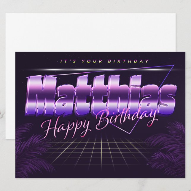 Carte Matthia Prénom lila retro Date de naissance (Devant / Derrière)