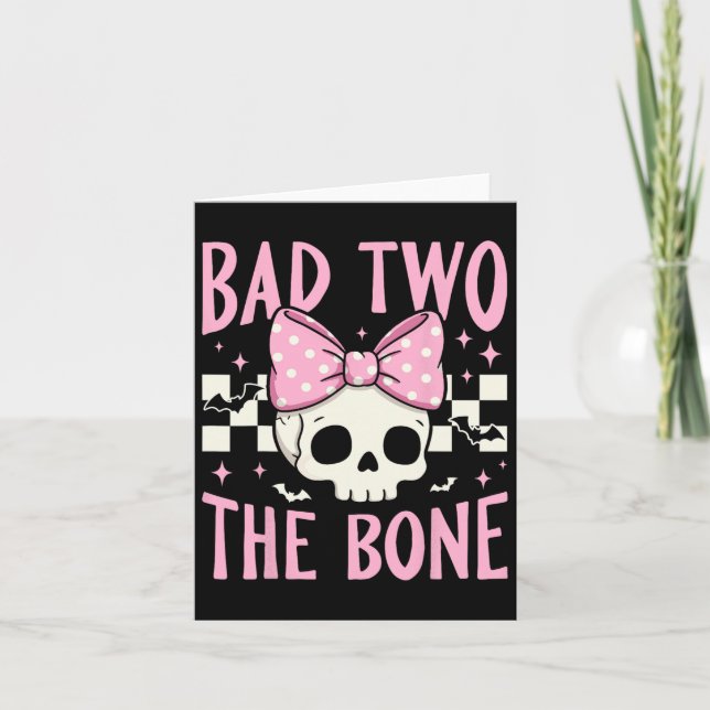 Carte Mauvais Deux Crâne Os Avec Bow Rose Pour Halloween (Devant)