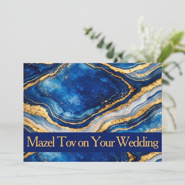 Carte Mazel Tov pour mariage, Blue Gold Agate, Lux (Debout devant)