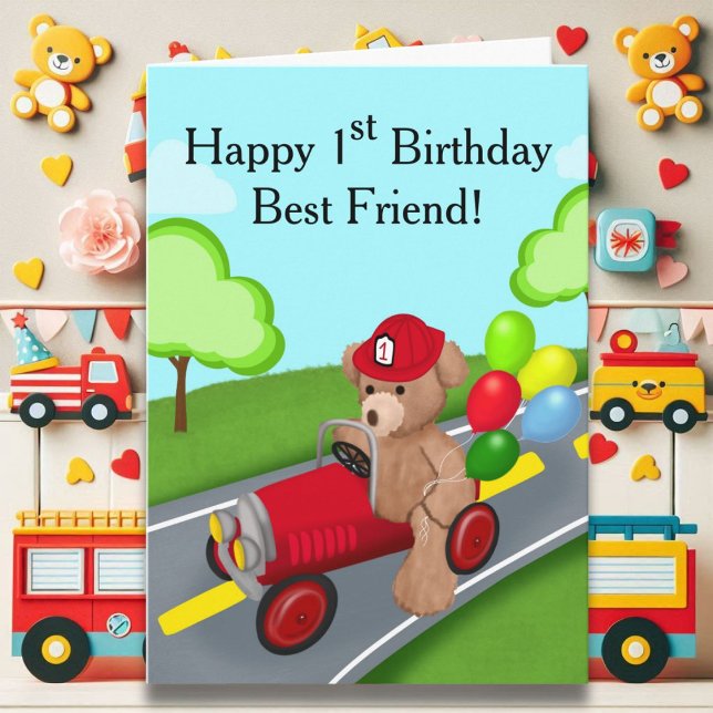Carte Meilleur Ami 1er Anniversaire Teddy Bear Firetruck (Créateur téléchargé)