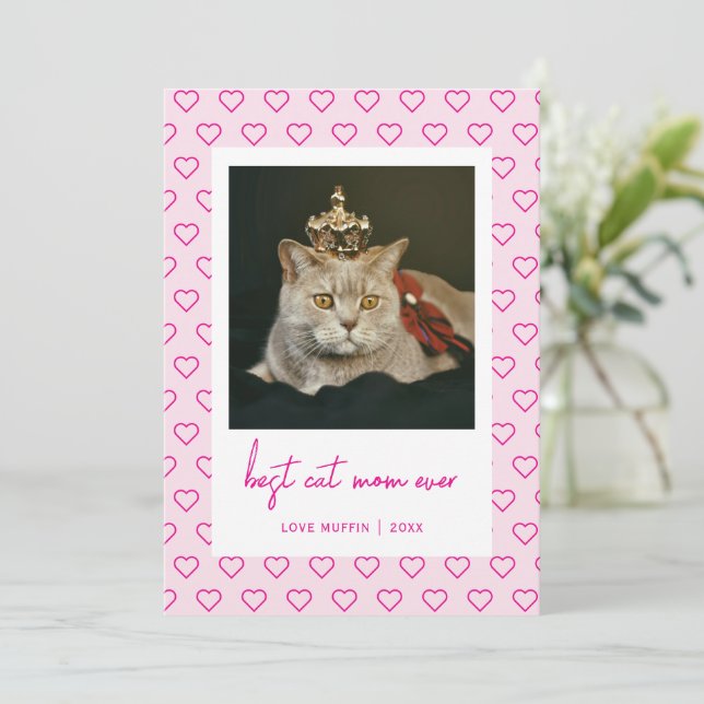 Carte Meilleur Chat Maman Jamais mignon Coeurs Photo Fêt (Debout devant)