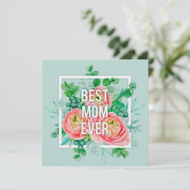 Carte Meilleure Maman du Monde Aquarelle Florale Vert et (Debout devant)