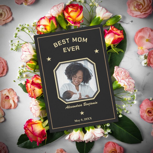 Carte Meilleure Maman Ever Mère Famille Photo Or Noir (Best Mom Ever Mother Family Photo Gold Black Card is great for your Mom, Grandma and Aunt. )