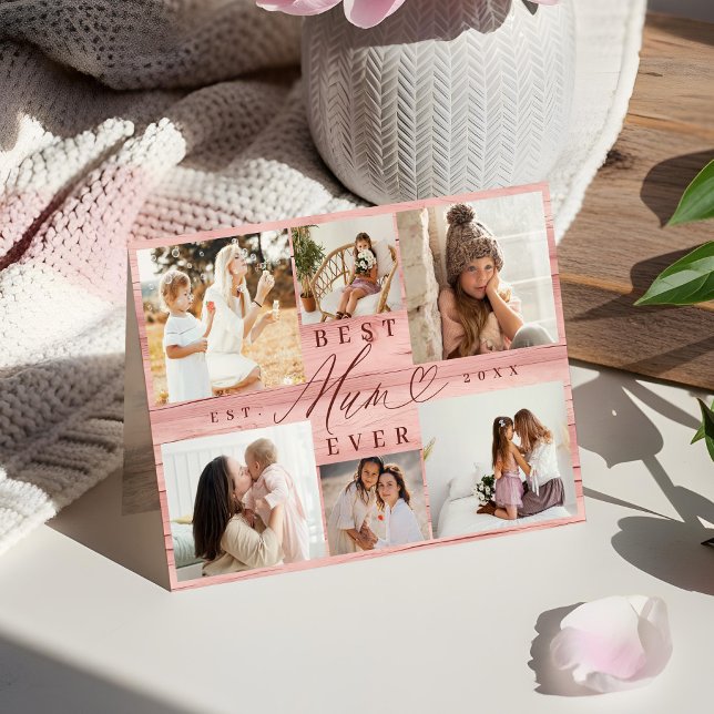 Carte Meilleure maman Jamais Photo Famille Collage Pink  (Best Mum Ever Photo Family Collage Pink Woodgrain Card)