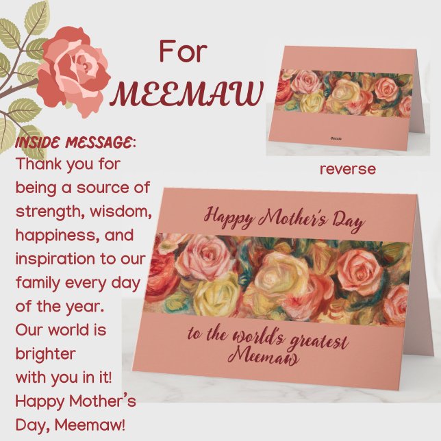 Carte 'Meilleure Meemaw' Roses Fleurs Personnalisées pou (A beautiful floral roses Mother's Day card for your special southern Meemaw (grandmother)! )