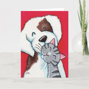 Carte Meilleurs amis - Cute Whimsical Tabby Cat & Chien 