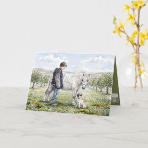 Carte Meilleurs amis-Enfant avec poney et chien dans un