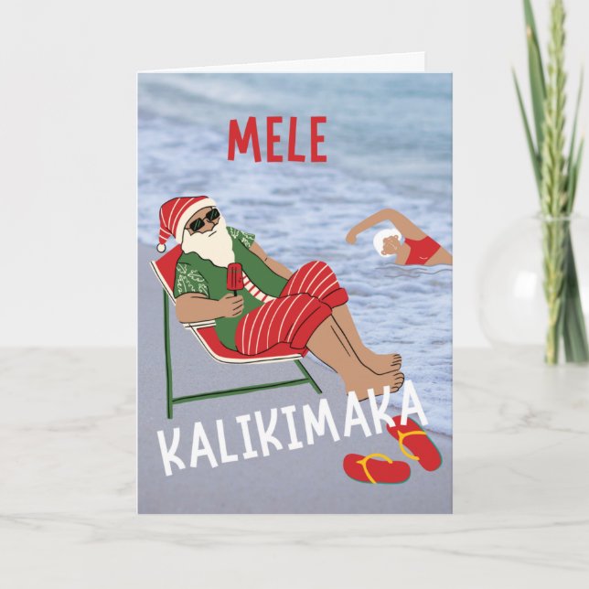 Carte Mele Kalikimaka Hawaiian Christmas Père Noël Beach (Devant)