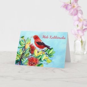 Carte Mele Kalikimaka Iiwi Bird et Ohia Lehua Flower