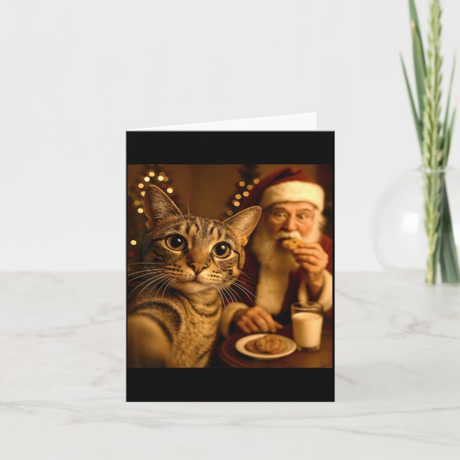 Carte Mème de selfie de chat de Noël drôle avec le Père  (Devant)