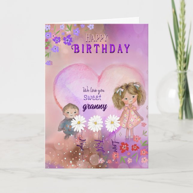 Carte Mémé Joliment Rose Violet Anniversaire (Devant)
