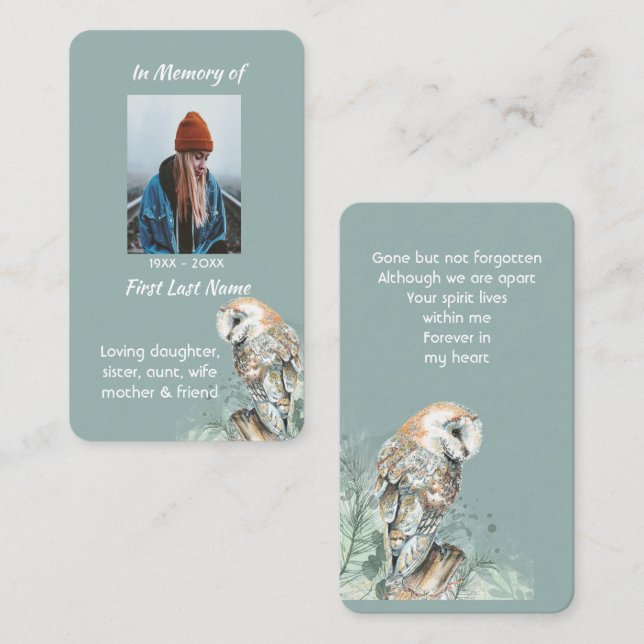 Carte mémoire mémorial aquarelle Barne Chouette Oi (Devant / Derrière)