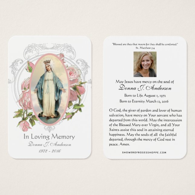 Carte mémorielle funéraire catholique de la Vierge (Devant & derrière)