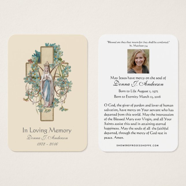 Carte mémorielle funéraire catholique de la Vierge (Devant & derrière)