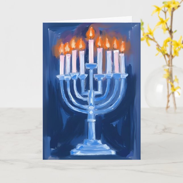 Carte Menorah Bleu Hanukkah (Fleur jaune)