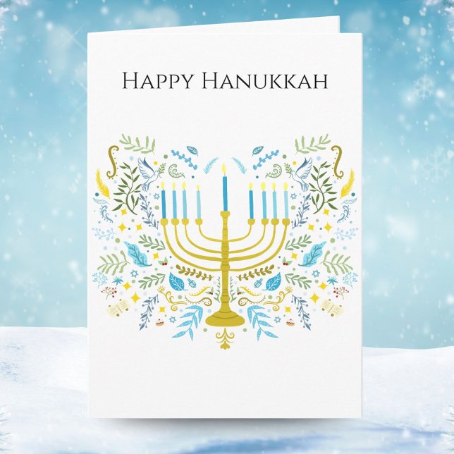 Carte Menorah de Hanukkah joyeux avec des fleurs  (Créateur téléchargé)