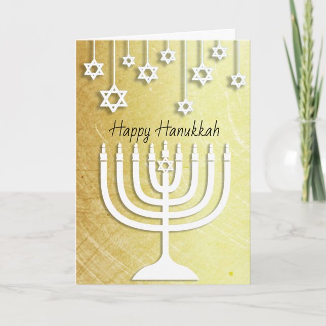 Carte Menorah dorée et blanche, Joyeux Hanouka (Devant)