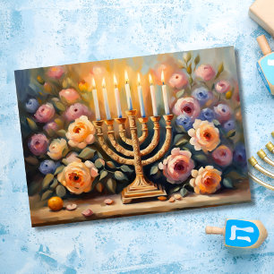 Carte Menorah lit à la peinture à l'huile florale
