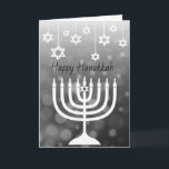 Carte Menorah noire et blanche Bonne Hanoukka<br><div class="desc">Les étoiles noires et blanches de David et Happy Hanoukka menorah carte personnalisée.</div>