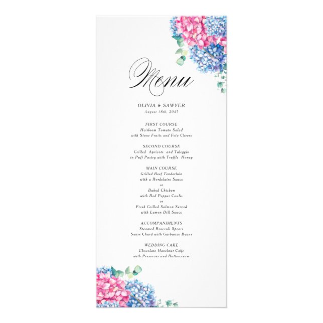 Carte menu Aquarelle rose et bleu Hydrangeas (Devant)