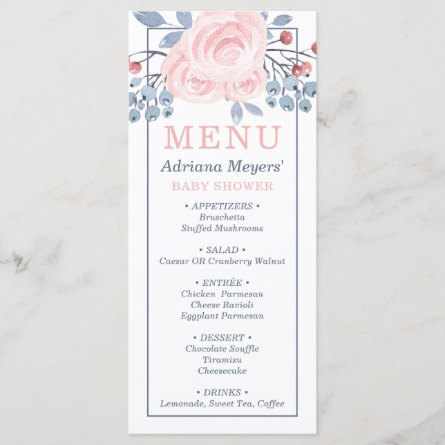 Carte Menu baby shower, Bleu, Rose (Devant)